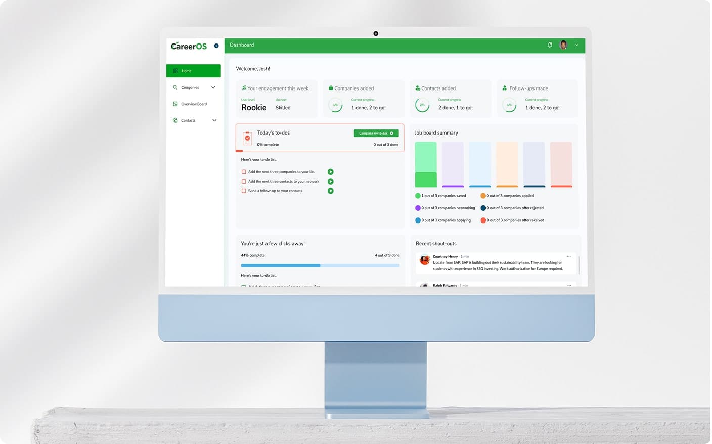 CareerOS dashboard designed to organise a student’s career development tasks