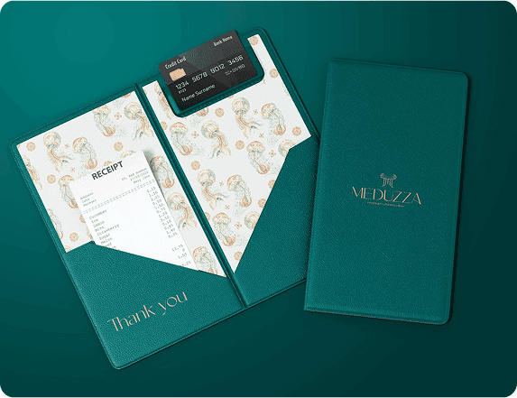 Meduzza branded bill folders and receipt with patterned lining